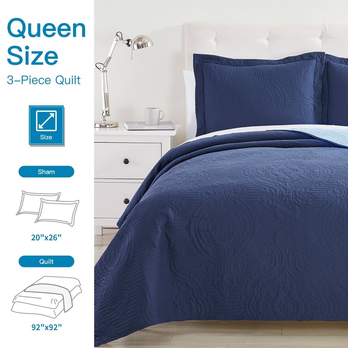 Madison Quilt Reversible Collection + Two Free Sham Pillows | Spirit Linen - Navy Blue