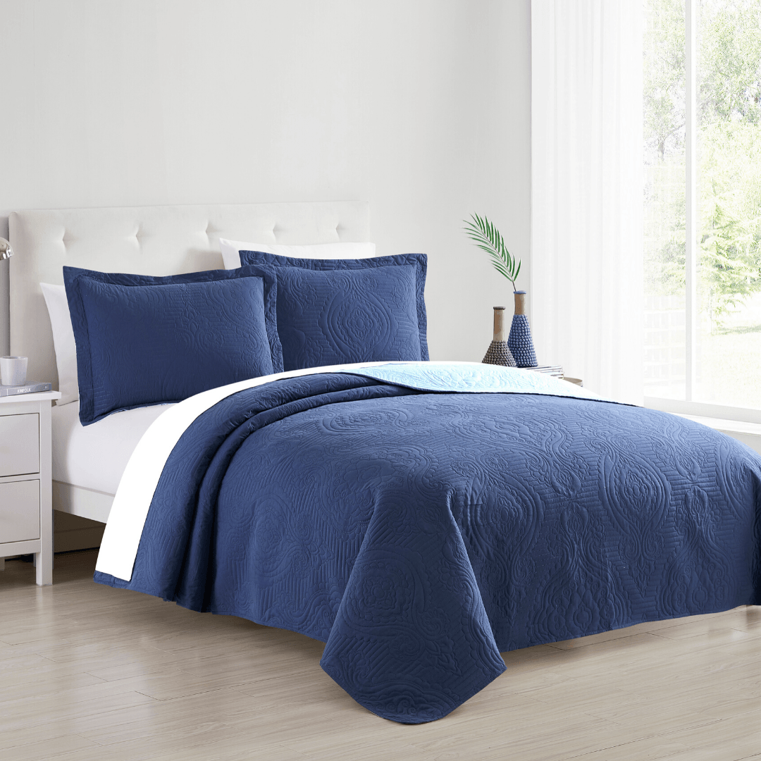 Madison Quilt Reversible Collection + Two Free Sham Pillows | Spirit Linen - Navy Blue