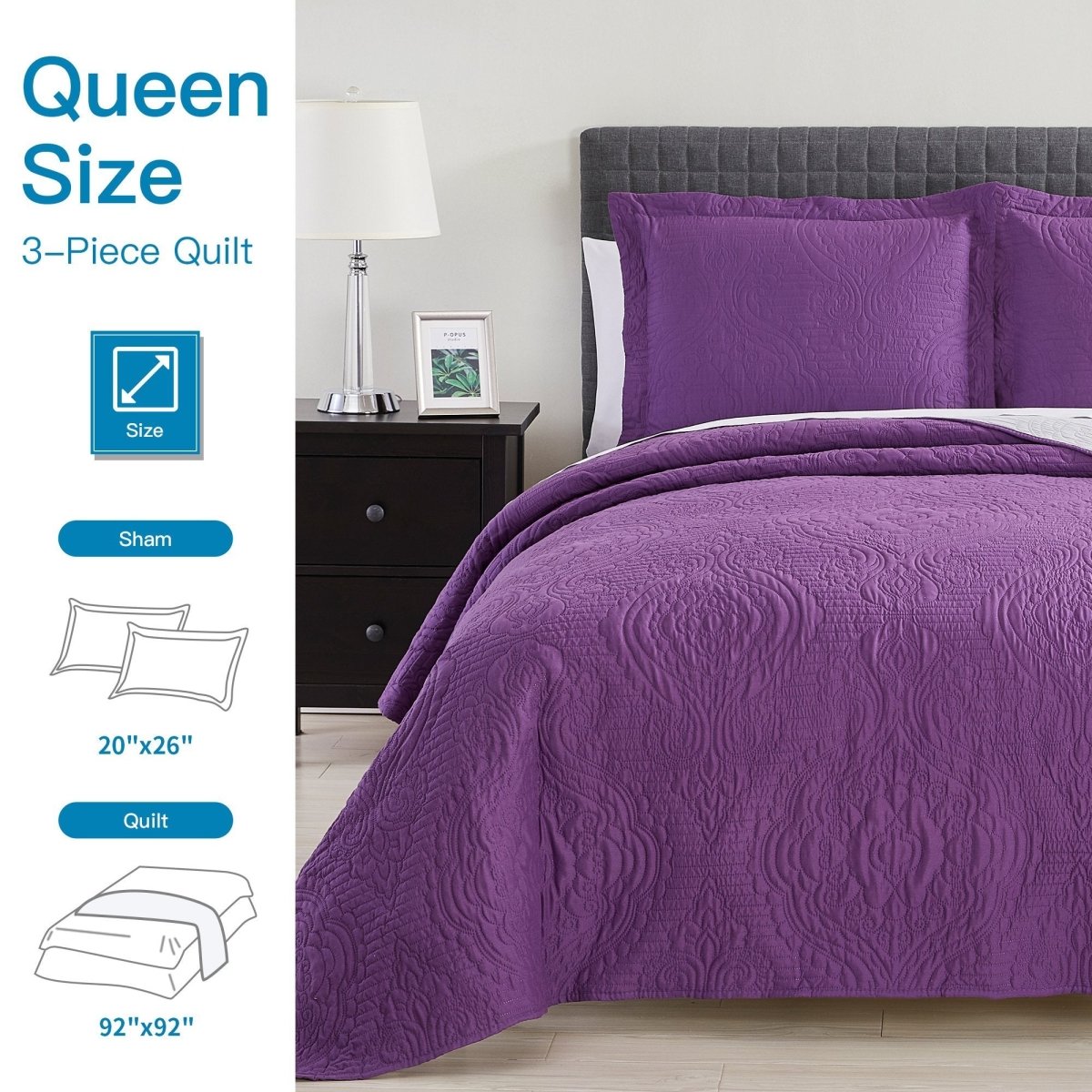 Madison Quilt Reversible Collection + Two Free Sham Pillows | Spirit Linen - Purple