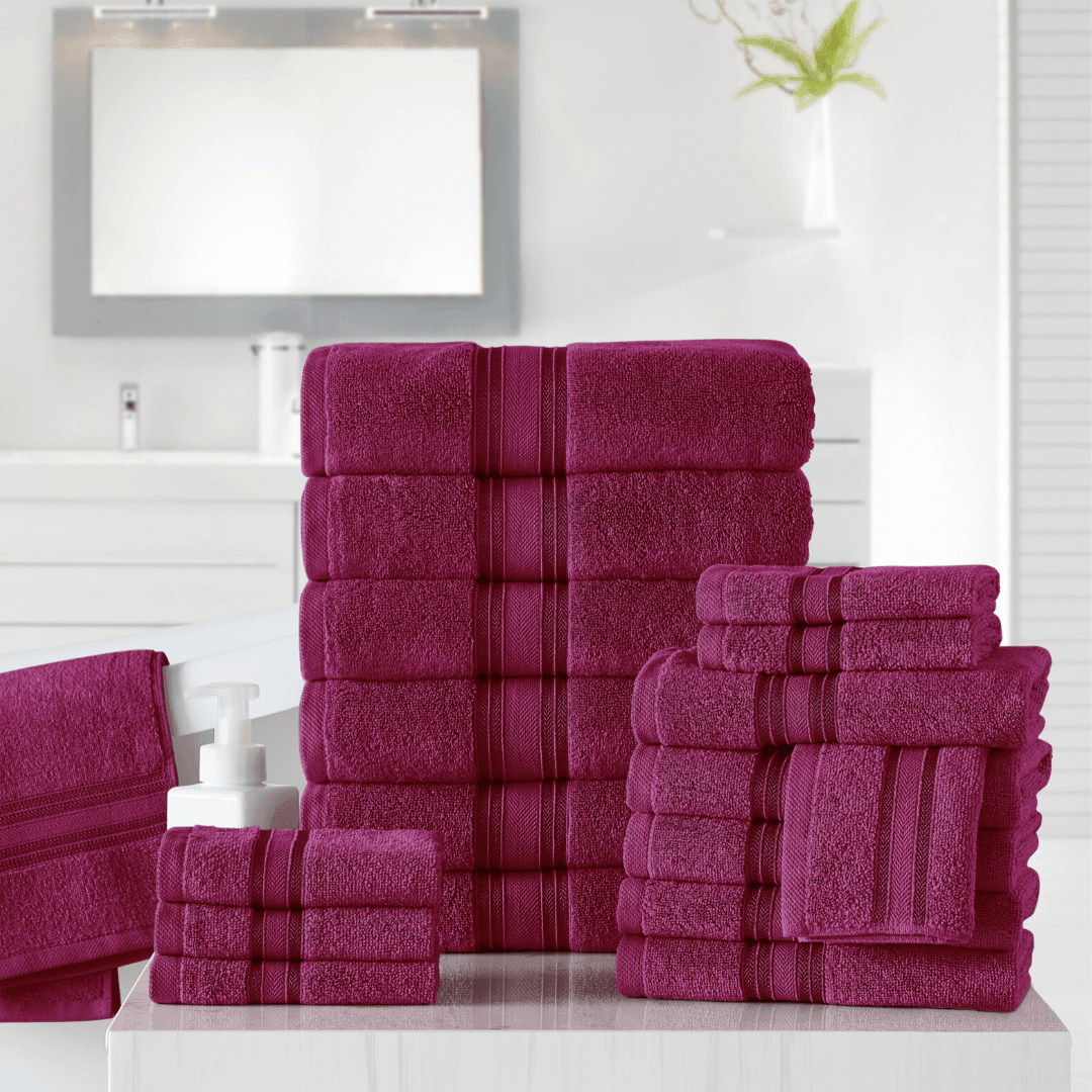 18pc Cotton Bath Towels Set | Spirit Linen - Raspberry