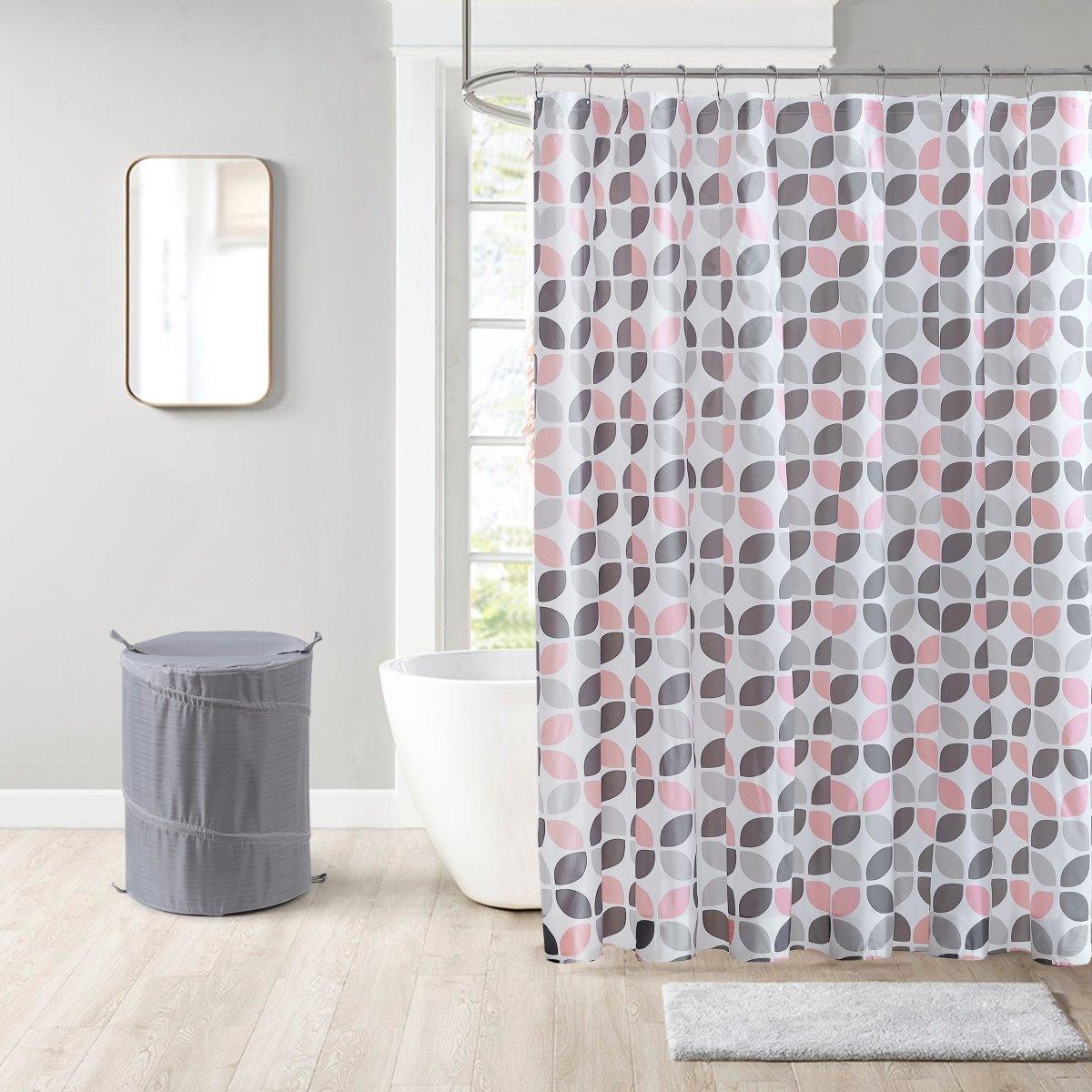 14pc Hooks with Hamper Polyester Shower Curtain Set - Spirit Linen | Pink