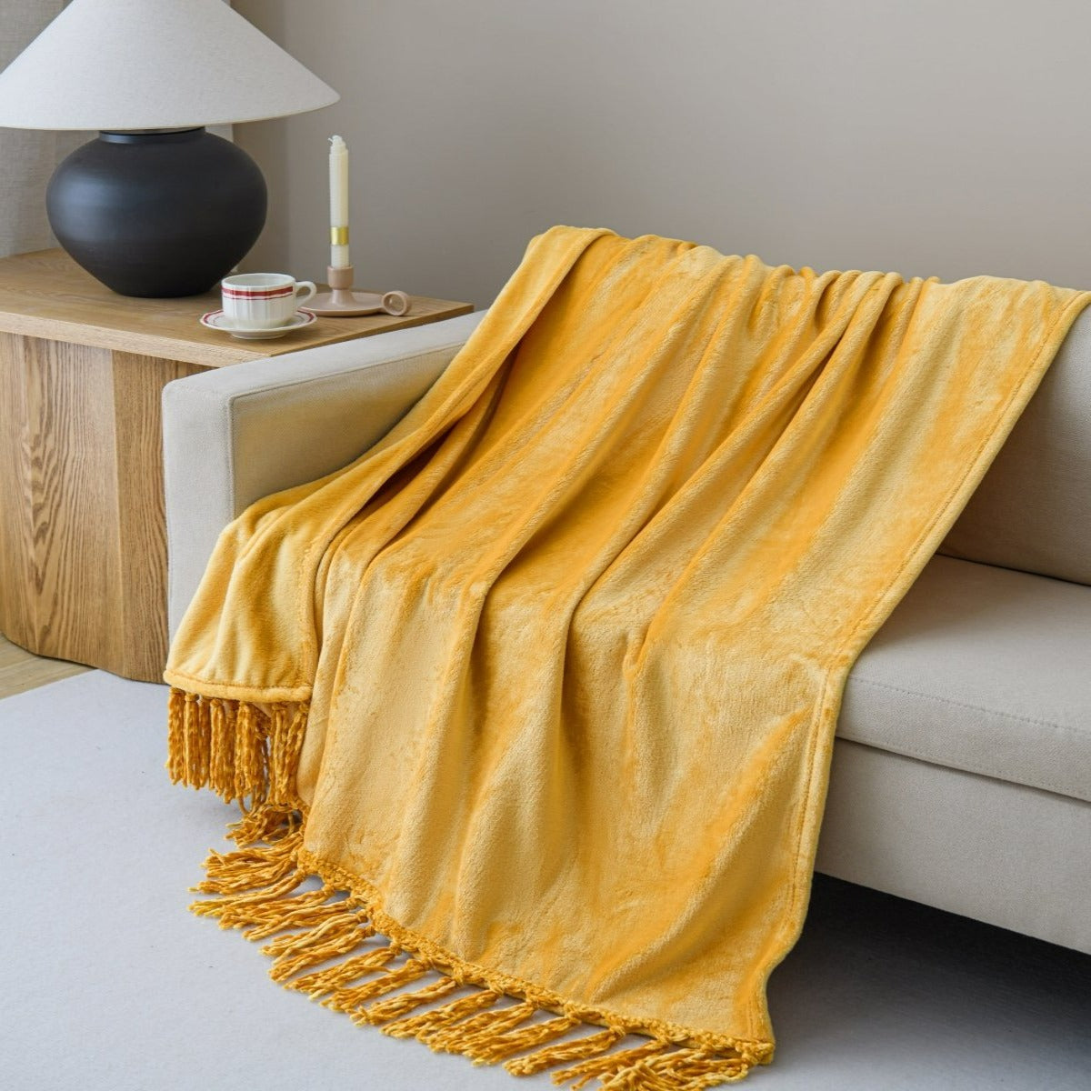 50x70 Tassel Flannel Throw Bellyband - Spirit Linen | Gold