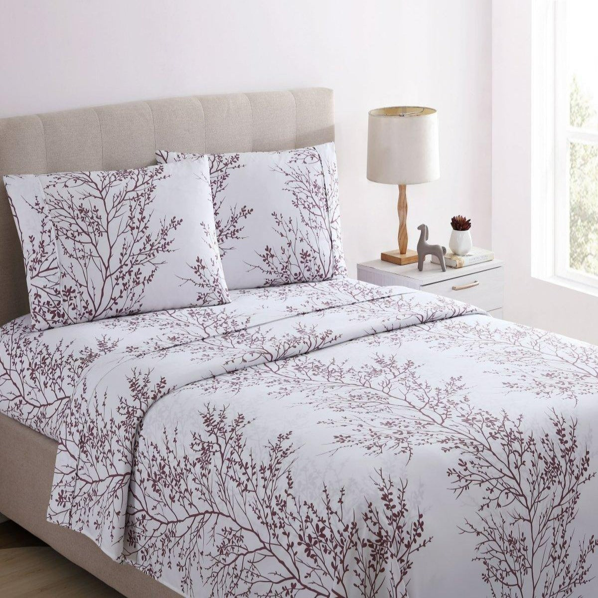 Foliage Sheet 3pc Set Microfiber 90GSM - White/Lilac - Spirit Linen