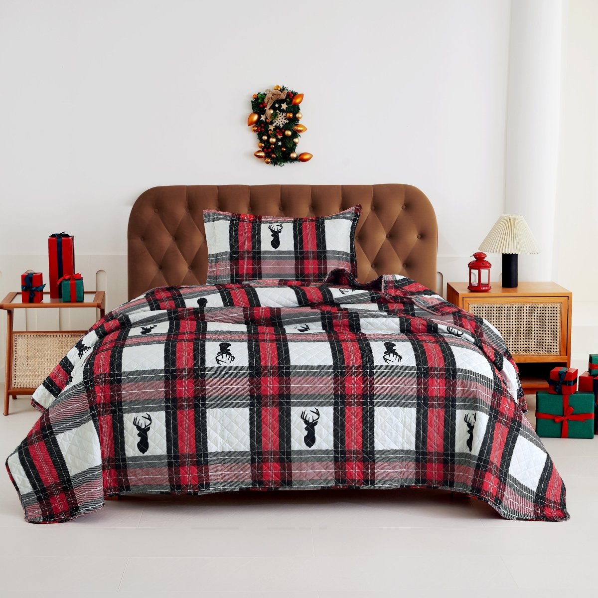 Holiday good in Plaid Throw Quilt and Matching Pillows