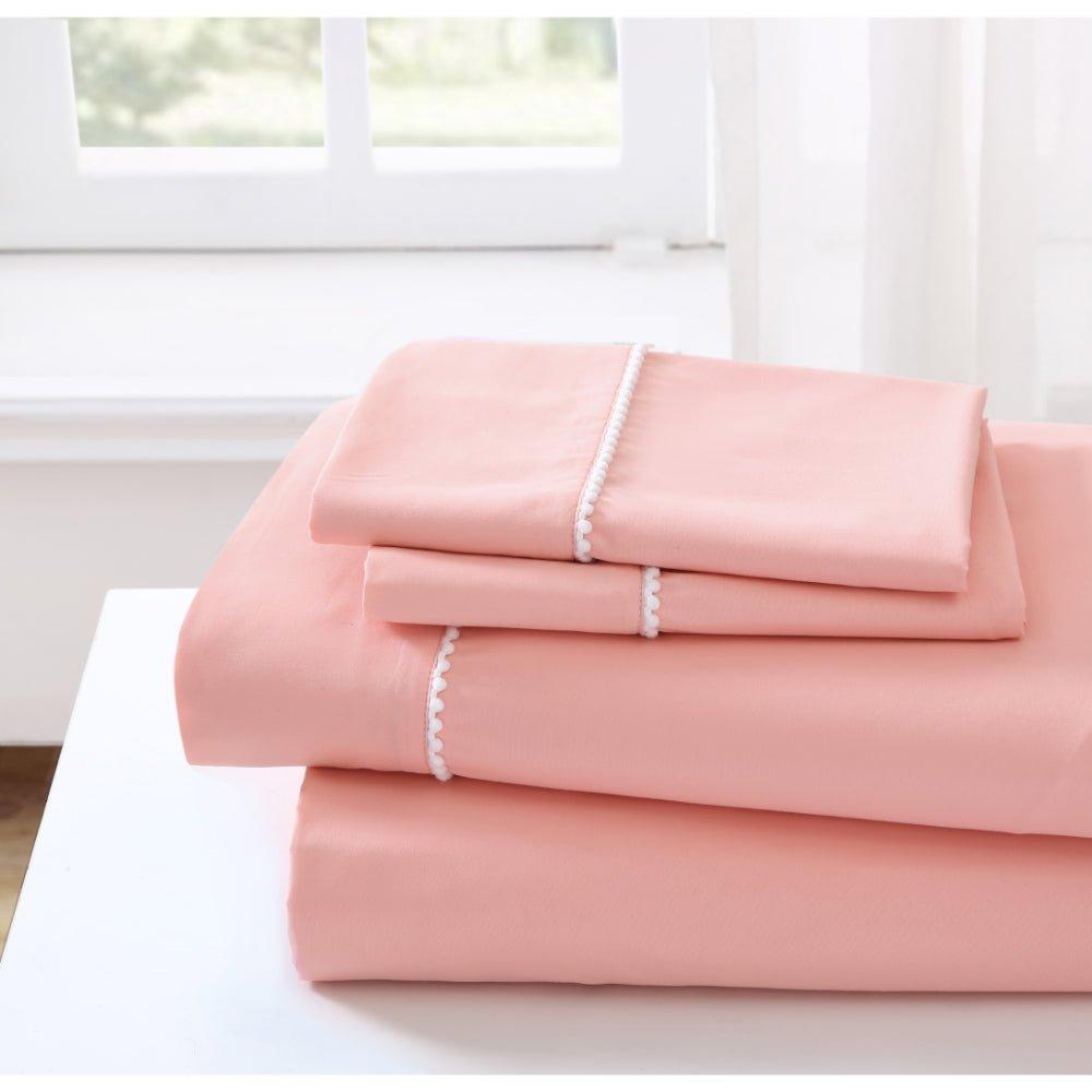 Spirit Linen Home Bed Sheets Set 4PC Pom Pom Sweet Dream Ultra Soft Microfiber Sheet Set with Fitted Sheet Flat Sheet Pillowcases - Spirit Linen